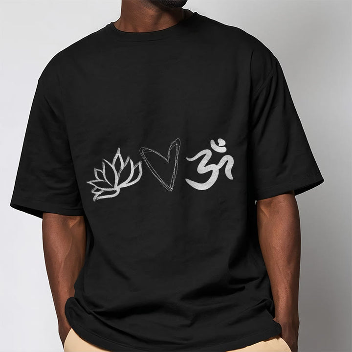 Buddha Stonesカジュアル ロータス ハート柄 オムシンボル サンスクリット コットンTシャツ - image 5