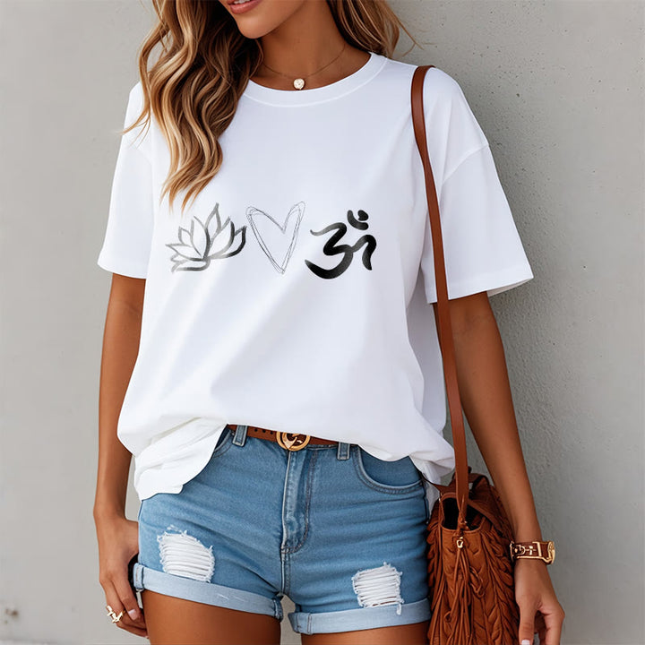 Buddha Stonesカジュアル ロータス ハート柄 オムシンボル サンスクリット コットンTシャツ - image 10