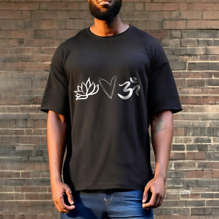 Buddha Stonesカジュアル ロータス ハート柄 オムシンボル サンスクリット コットンTシャツ - image 6