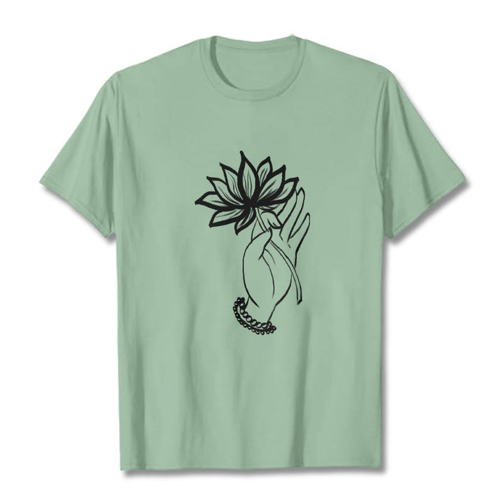 Buddha Stonesと蓮の花柄コットンTシャツ - ペールグリーン - 2XL - image 15
