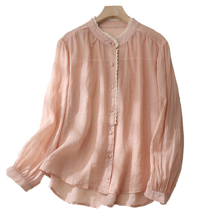 Buddha Stones純色 レースデザイン ロング ランタンスリーブ レディース コットンリネン シャツ - ライトサーモン - US14、 UK/AU18、 EU46 (2XL) - image 11