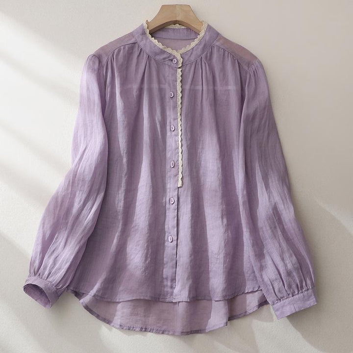 Buddha Stones純色 レースデザイン ロング ランタンスリーブ レディース コットンリネン シャツ - 梅 - US14、 UK/AU18、 EU46 (2XL) - image 9