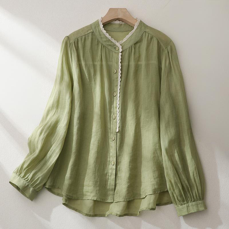 Buddha Stones純色 レースデザイン ロング ランタンスリーブ レディース コットンリネン シャツ - 黄緑 - US14、 UK/AU18、 EU46 (2XL) - image 0