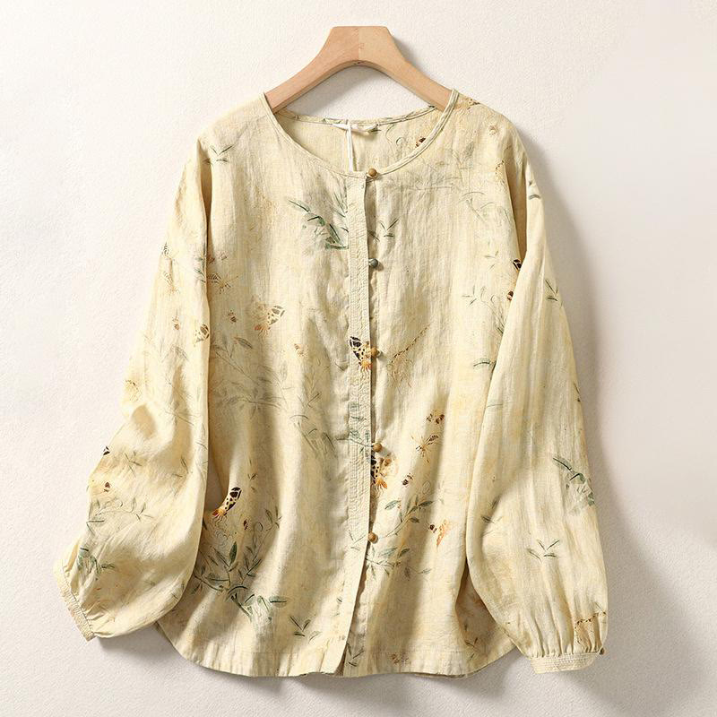 Buddha Stones通勤用 中国風フロッグボタン ロングランタンスリーブ レディース コットンリネンシャツ - レモンシフォン - US12、 UK/AU16、 EU44 (2XL) - image 1