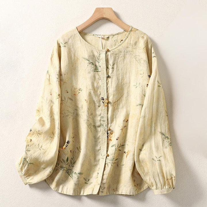 Buddha Stones通勤用 中国風フロッグボタン ロングランタンスリーブ レディース コットンリネンシャツ - レモンシフォン - US12、 UK/AU16、 EU44 (2XL) - image 1