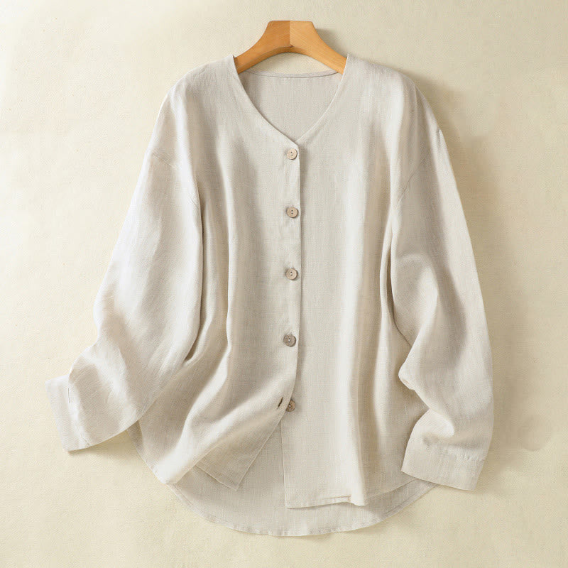 Buddha Stones春 無地ボタンデザイン Vネック 長袖 レディース コットンリネンシャツ - リネン - US14、 UK/AU18、 EU46 (2XL) - image 1