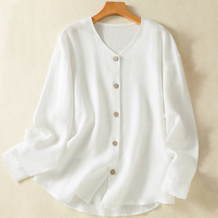 Buddha Stones春 無地ボタンデザイン Vネック 長袖 レディース コットンリネンシャツ - 白 - US14、 UK/AU18、 EU46 (2XL) - image 10