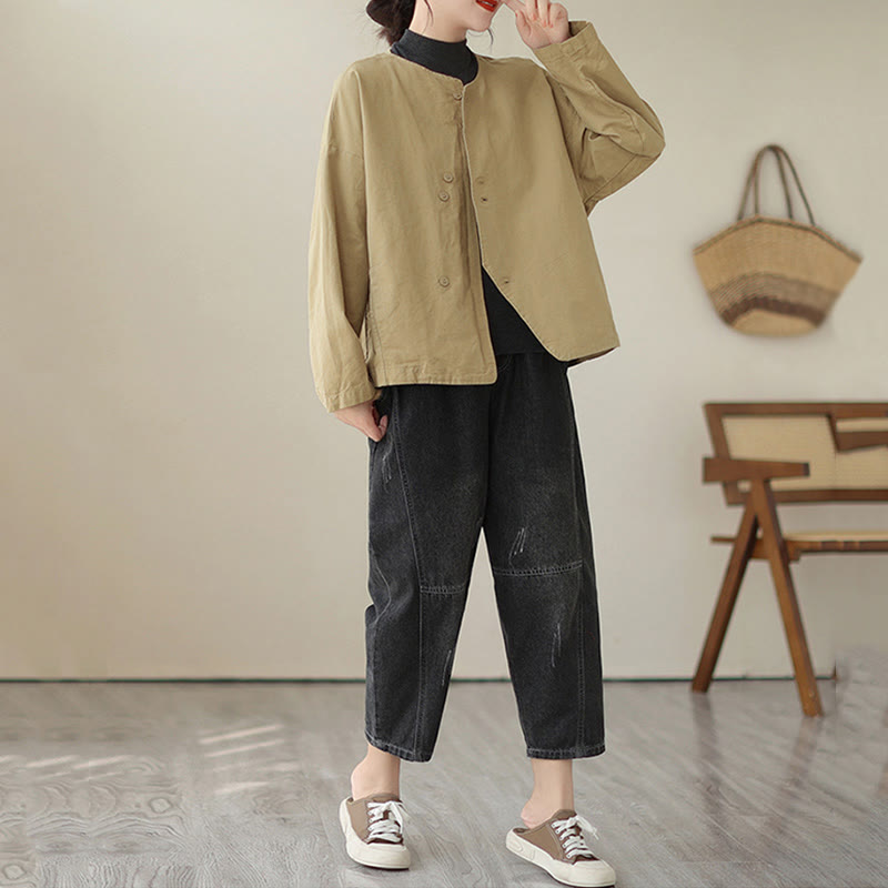 Buddha Stones春 無地 アシンメトリーデザイン 長袖 レディース コットンリネン ジャケット ポケット付き - image 5
