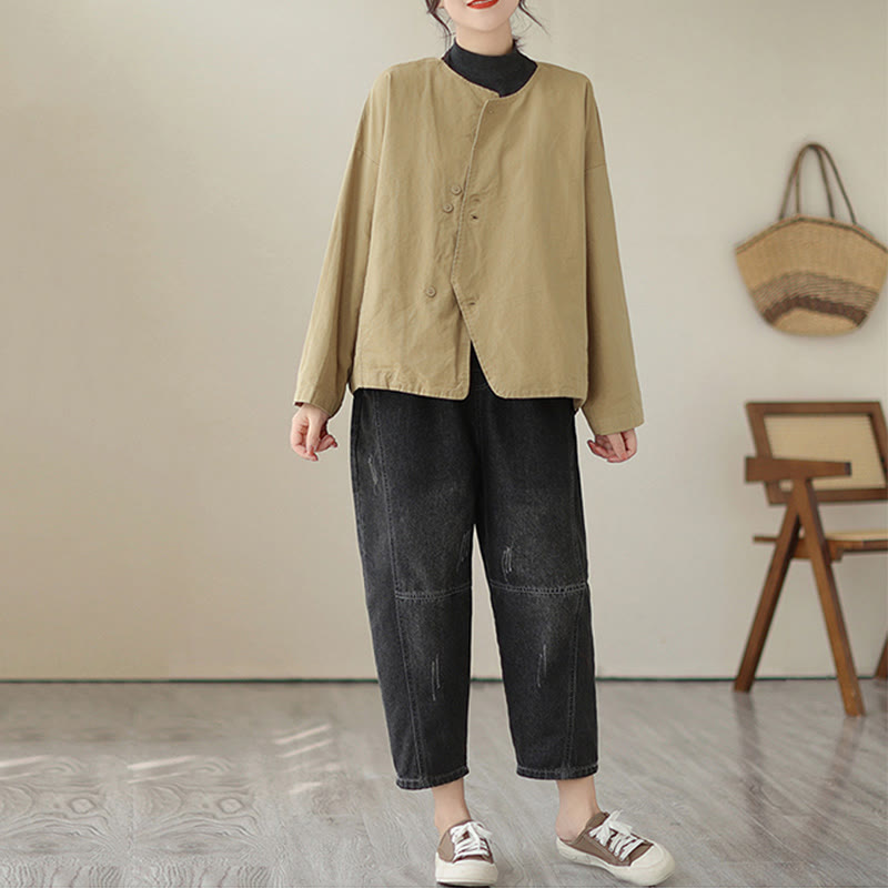 Buddha Stones春 無地 アシンメトリーデザイン 長袖 レディース コットンリネン ジャケット ポケット付き - image 4