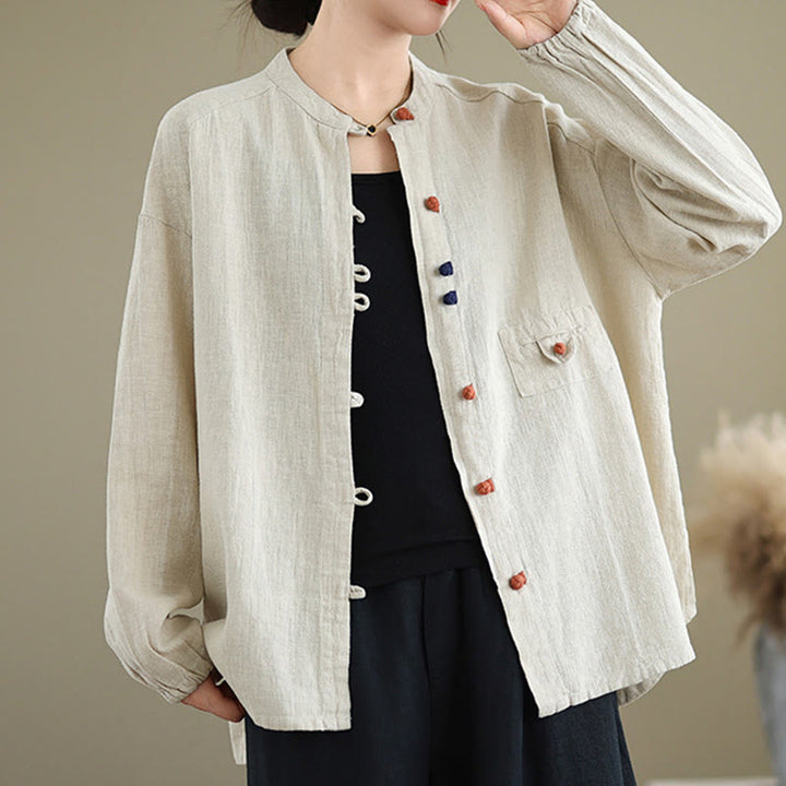 Buddha Stonesのカラフルなボタンデザイン長袖レディースコットンリネンシャツ - ベージュ - US14、 UK/AU18、 EU46 (2XL) - image 1