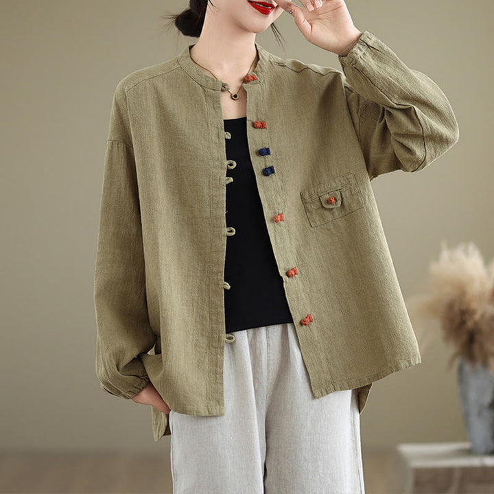Buddha Stonesのカラフルなボタンデザイン長袖レディースコットンリネンシャツ - ダークカーキ - US14、 UK/AU18、 EU46 (2XL) - image 15