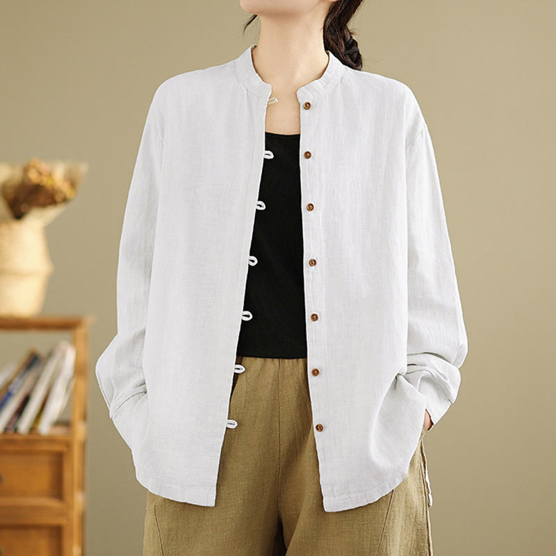 Buddha Stones無地 フロントボタンデザイン 長袖 レディース コットンリネン シャツ - 白 - US14、 UK/AU18、 EU46 (2XL) - image 9