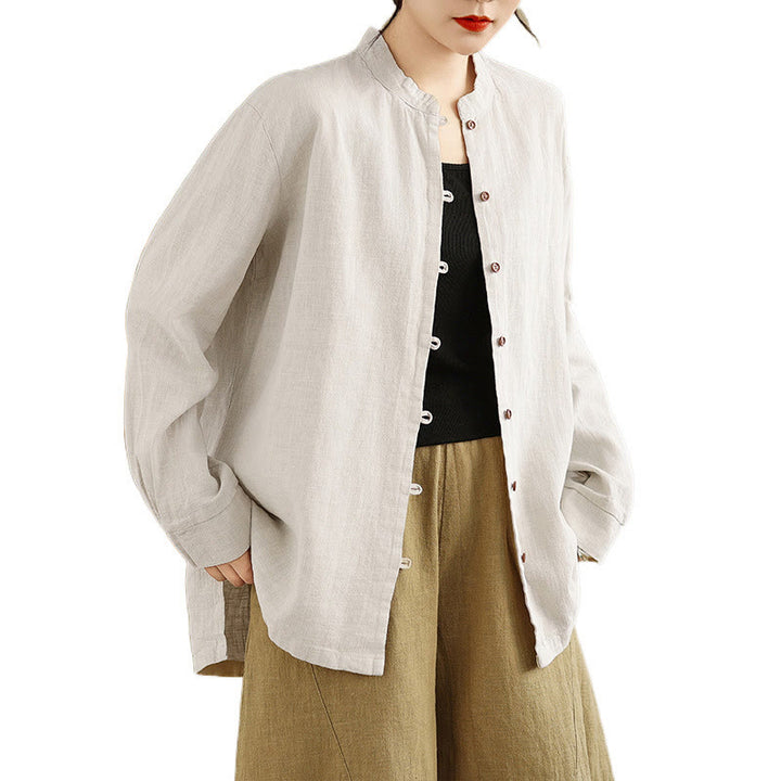 Buddha Stones無地 フロントボタンデザイン 長袖 レディース コットンリネン シャツ - image 8
