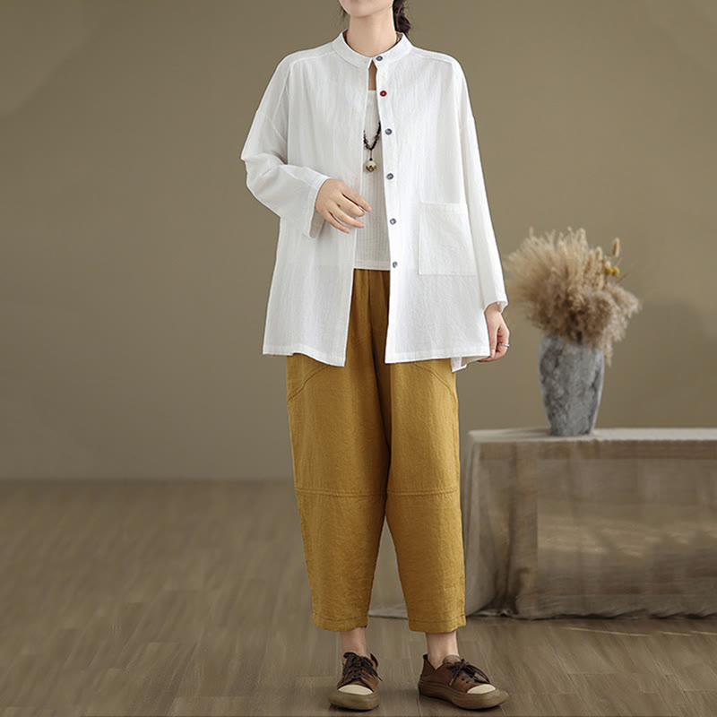 Buddha Stones通勤用 純色 長袖 レディース コットンリネン ポケット付きシャツ - image 16