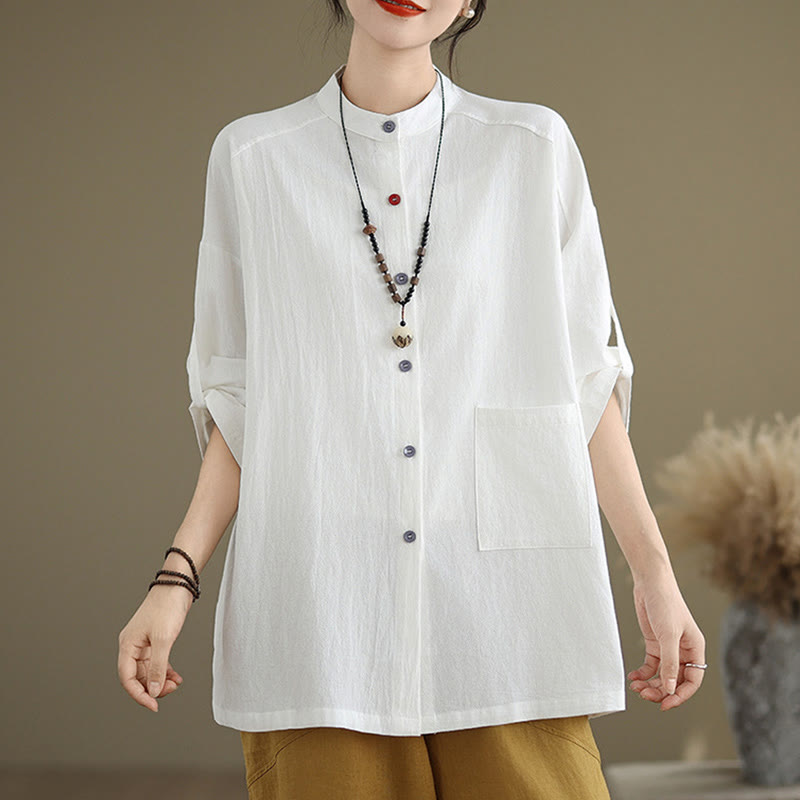 Buddha Stones通勤用 純色 長袖 レディース コットンリネン ポケット付きシャツ - 白 - US14、 UK/AU18、 EU46 (2XL) - image 12
