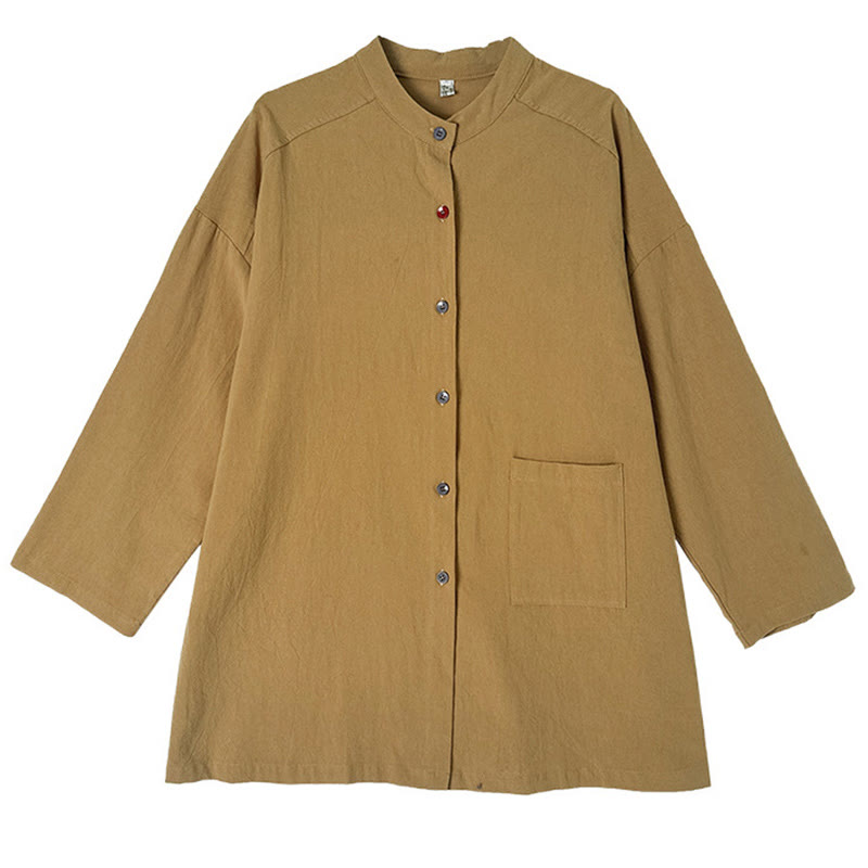 Buddha Stones通勤用 純色 長袖 レディース コットンリネン ポケット付きシャツ - image 11