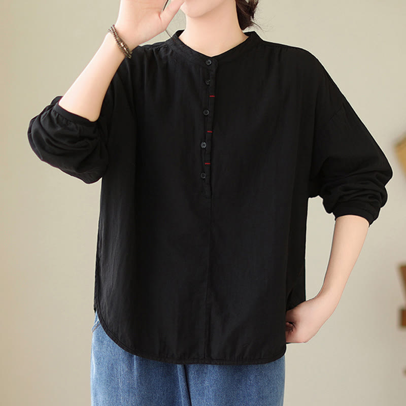 Buddha Stones通勤 春 無地 ハーフボタン シンプルデザイン レディース コットンリネン 長袖シャツ - image 3