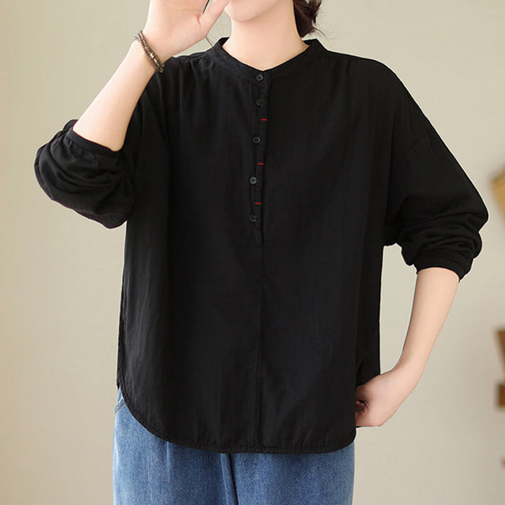 Buddha Stones通勤 春 無地 ハーフボタン シンプルデザイン レディース コットンリネン 長袖シャツ - image 3