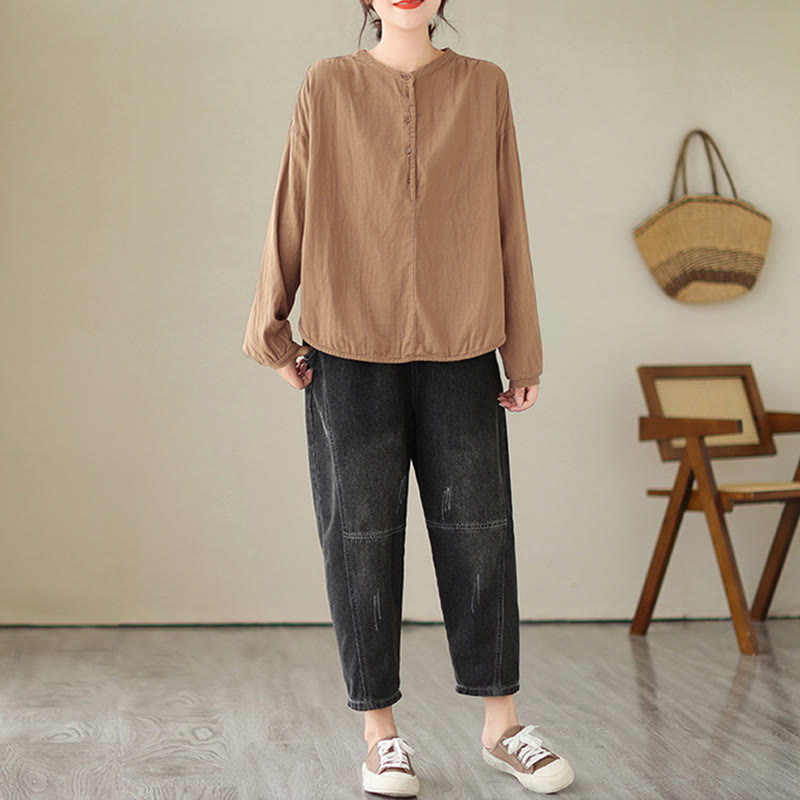 Buddha Stones通勤 春 無地 ハーフボタン シンプルデザイン レディース コットンリネン 長袖シャツ - image 16