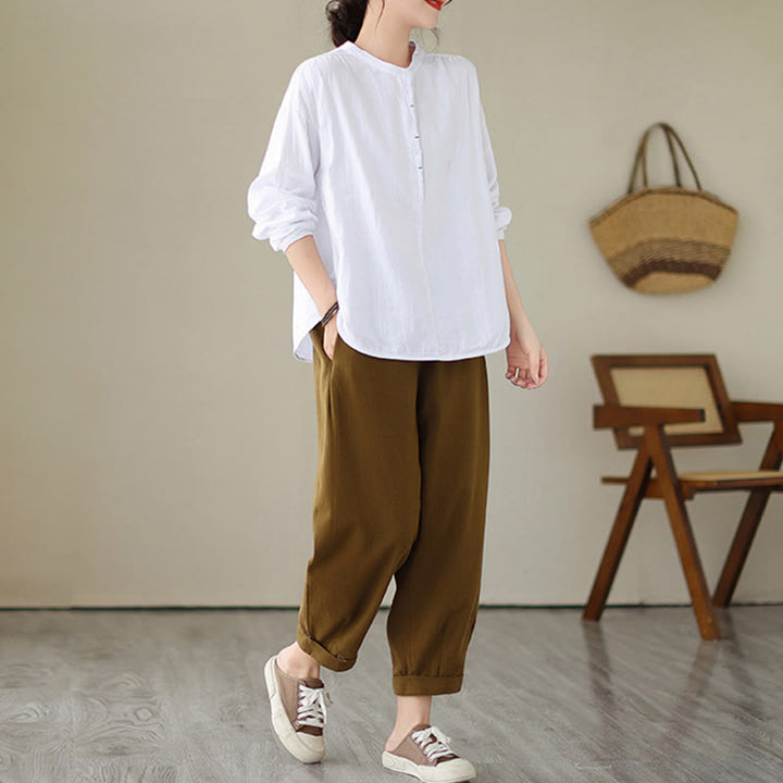 Buddha Stones通勤 春 無地 ハーフボタン シンプルデザイン レディース コットンリネン 長袖シャツ - image 11
