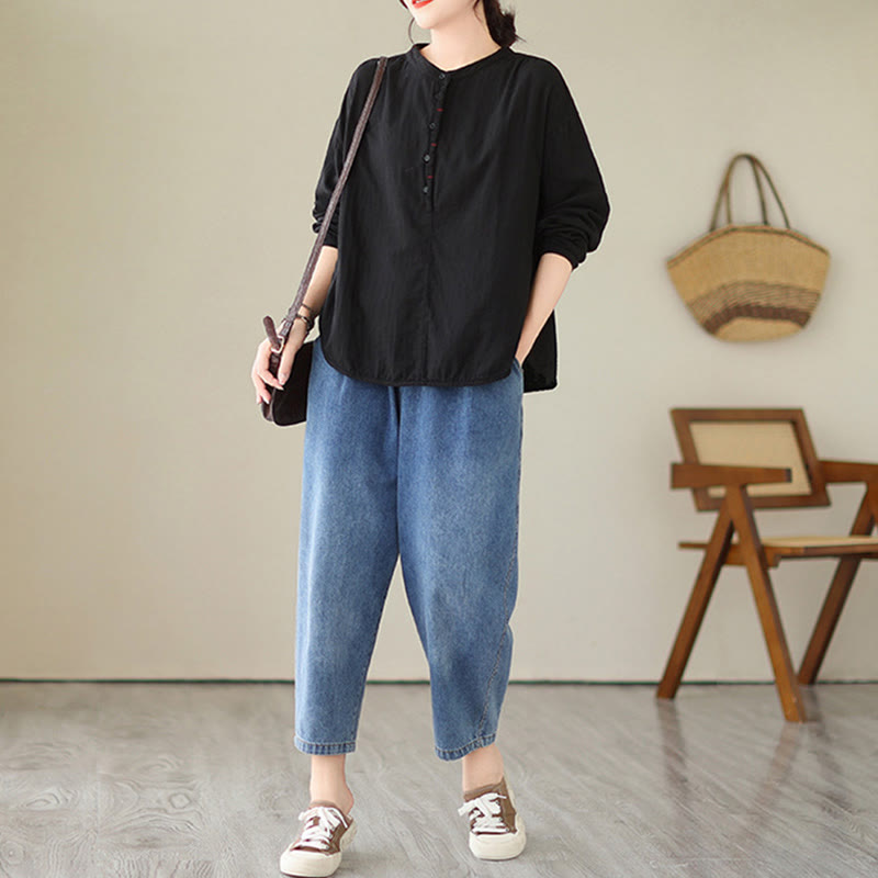 Buddha Stones通勤 春 無地 ハーフボタン シンプルデザイン レディース コットンリネン 長袖シャツ - image 6
