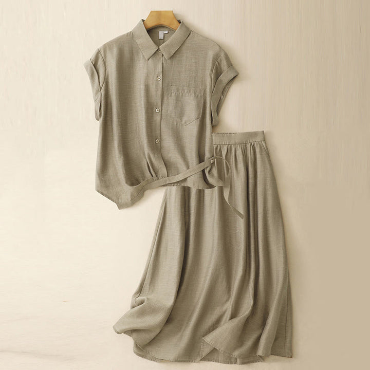 Buddha Stones半袖シャツ 7-8丈スカート ポケット付き コットンリネン レディース セット 2点セット - ダークカーキ - US8-10，UK/AU12-14，EU40-42 (2XL) - image 1
