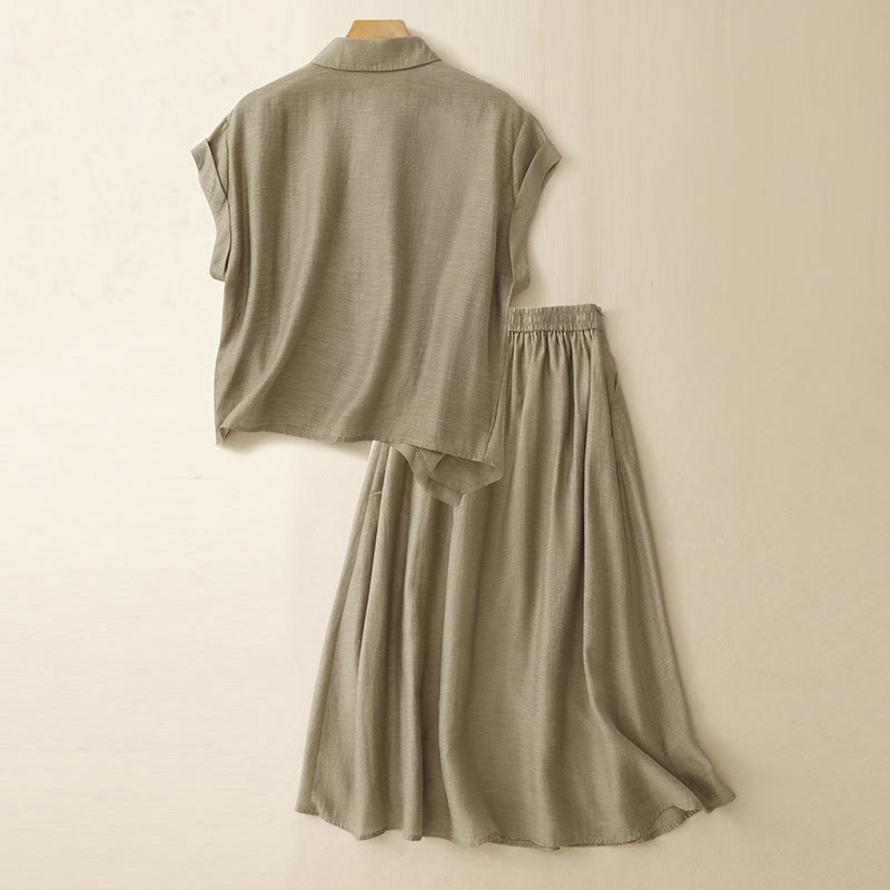 Buddha Stones半袖シャツ 7-8丈スカート ポケット付き コットンリネン レディース セット 2点セット - image 2