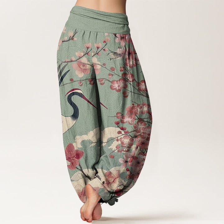Buddha Stonesカジュアル鶴桜デザインパターンレディース伸縮性ウエストハーレムパンツ - image 3