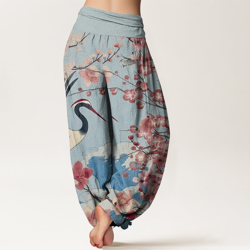 Buddha Stonesカジュアル鶴桜デザインパターンレディース伸縮性ウエストハーレムパンツ - image 7