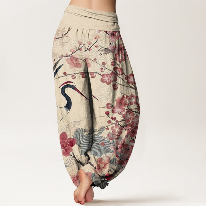 Buddha Stonesカジュアル鶴桜デザインパターンレディース伸縮性ウエストハーレムパンツ - image 10