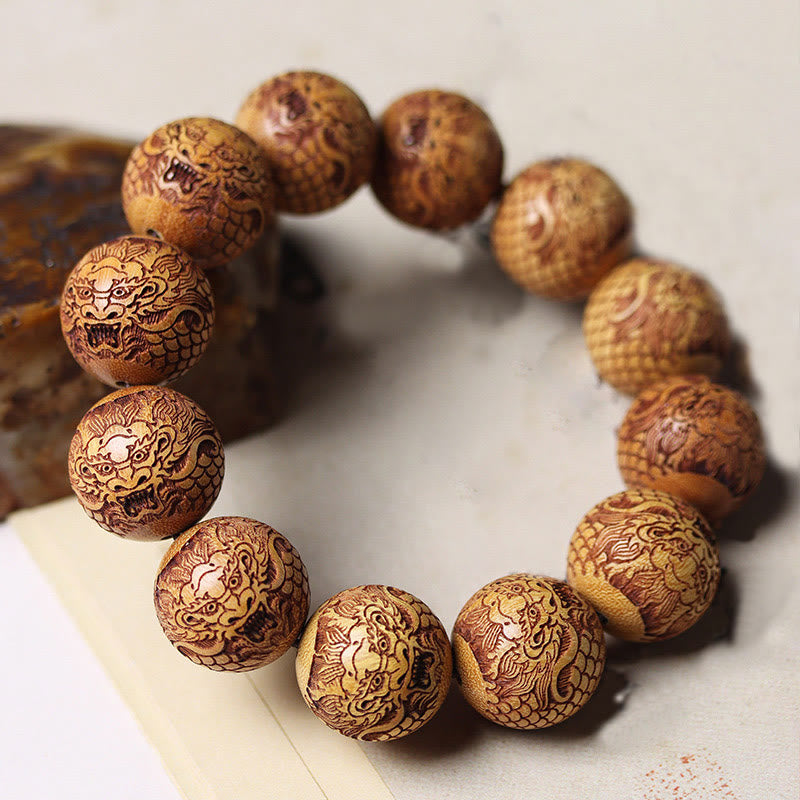 Buddha Stones彫刻白檀龍邪悪な霊を遠ざけるブレスレット - image 2