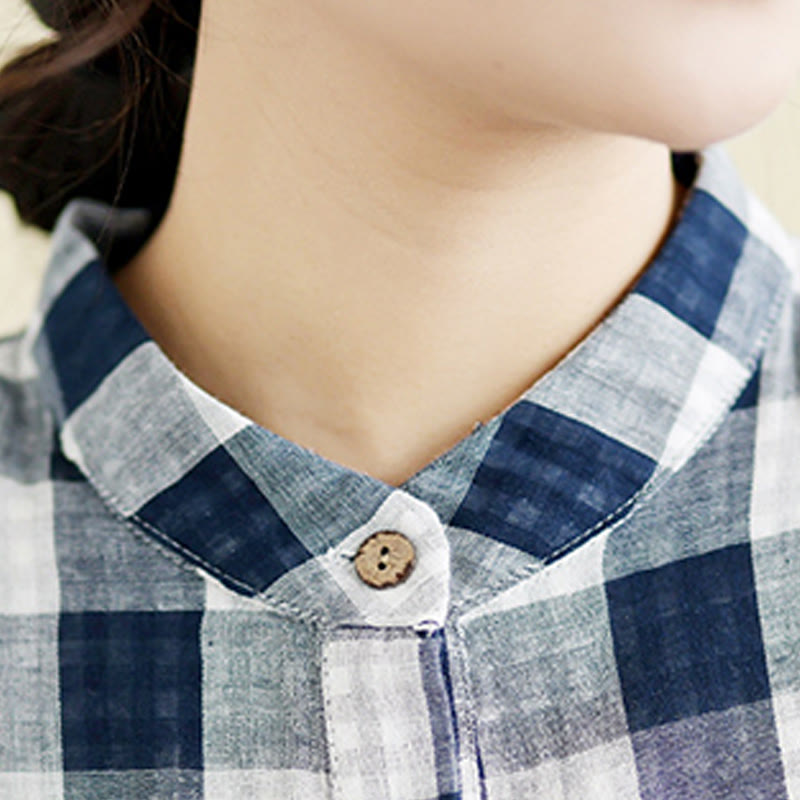 Buddha Stonesチェック柄半袖コットンリネンミディドレス（ポケット付き） - image 13