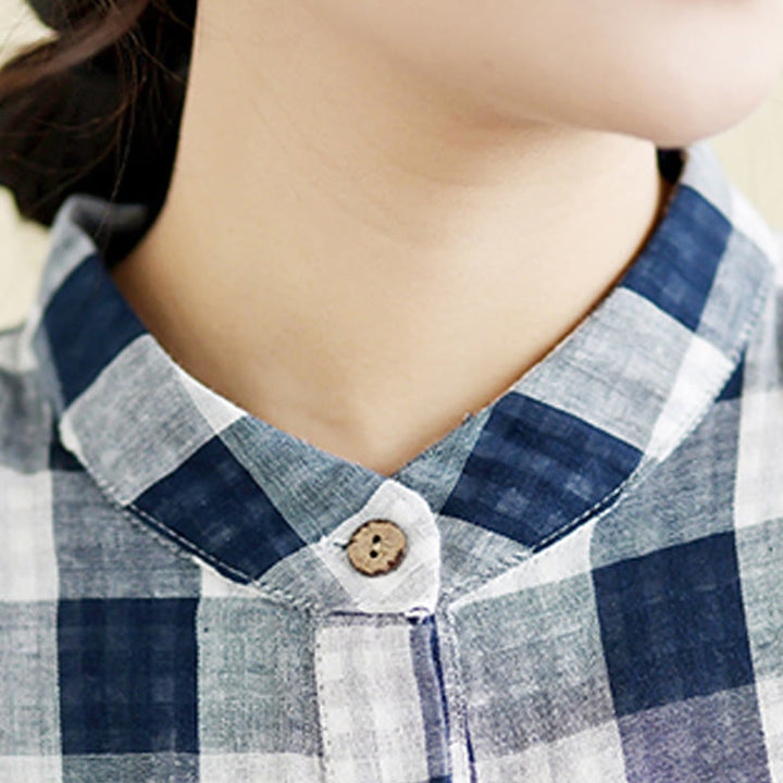 Buddha Stonesチェック柄半袖コットンリネンミディドレス（ポケット付き） - image 13