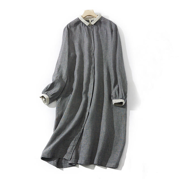 Buddha Stones Commute DimGray チェック柄 ランタン 長袖 コットンリネン ミディドレス ポケット付き - ディムグレー - US8-10，UK/AU12-14，EU40-42 (2XL) - image 0