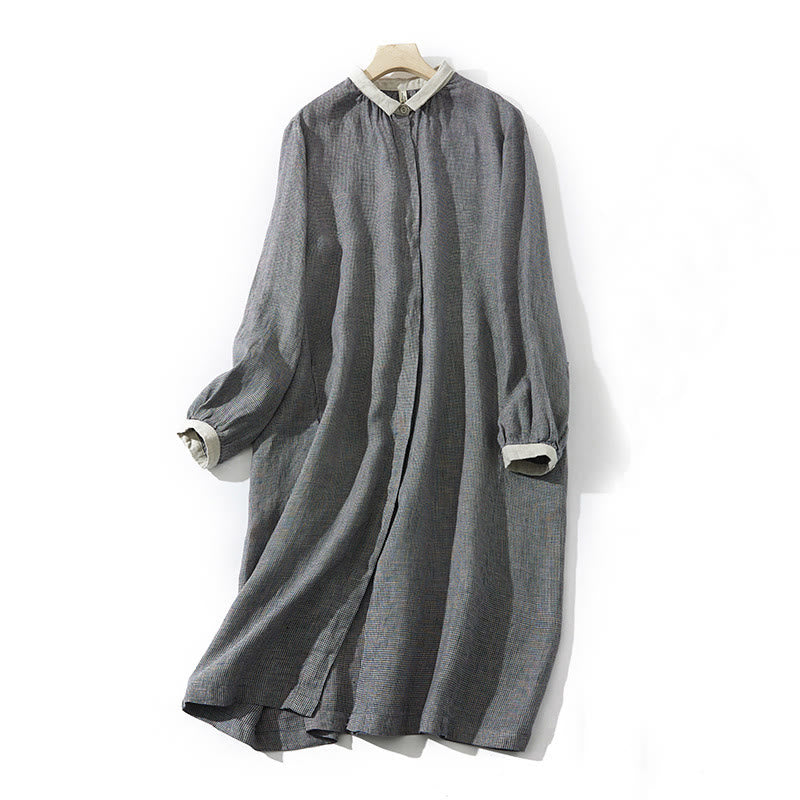 Buddha Stones Commute DimGray チェック柄 ランタン 長袖 コットンリネン ミディドレス ポケット付き - ディムグレー - US8-10，UK/AU12-14，EU40-42 (2XL) - image 1