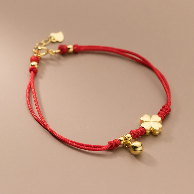 Buddha Stones925スターリングシルバー ゴールドメッキ 四つ葉のクローバー赤紐コネクションブレスレット - image 2