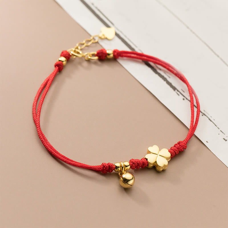 Buddha Stones925スターリングシルバー ゴールドメッキ 四つ葉のクローバー赤紐コネクションブレスレット - 925スターリングシルバー（手首周り：15～17cm） - image 1
