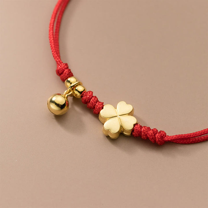 Buddha Stones925スターリングシルバー ゴールドメッキ 四つ葉のクローバー赤紐コネクションブレスレット - image 4