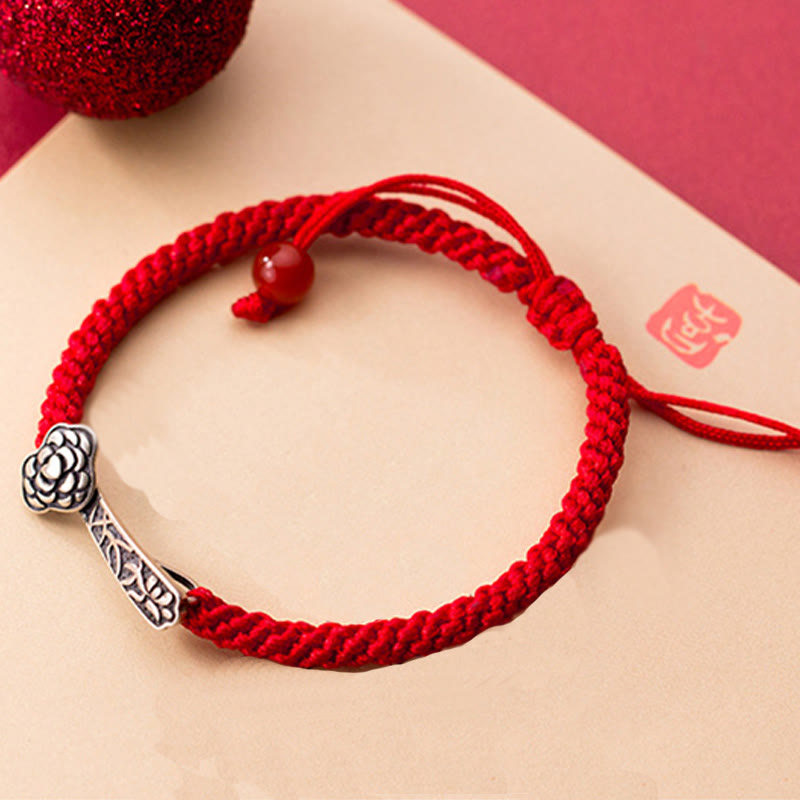 Buddha Stonesレトロ925スターリングシルバー如意念珠赤い赤紐編み幸運ブレスレット - image 4