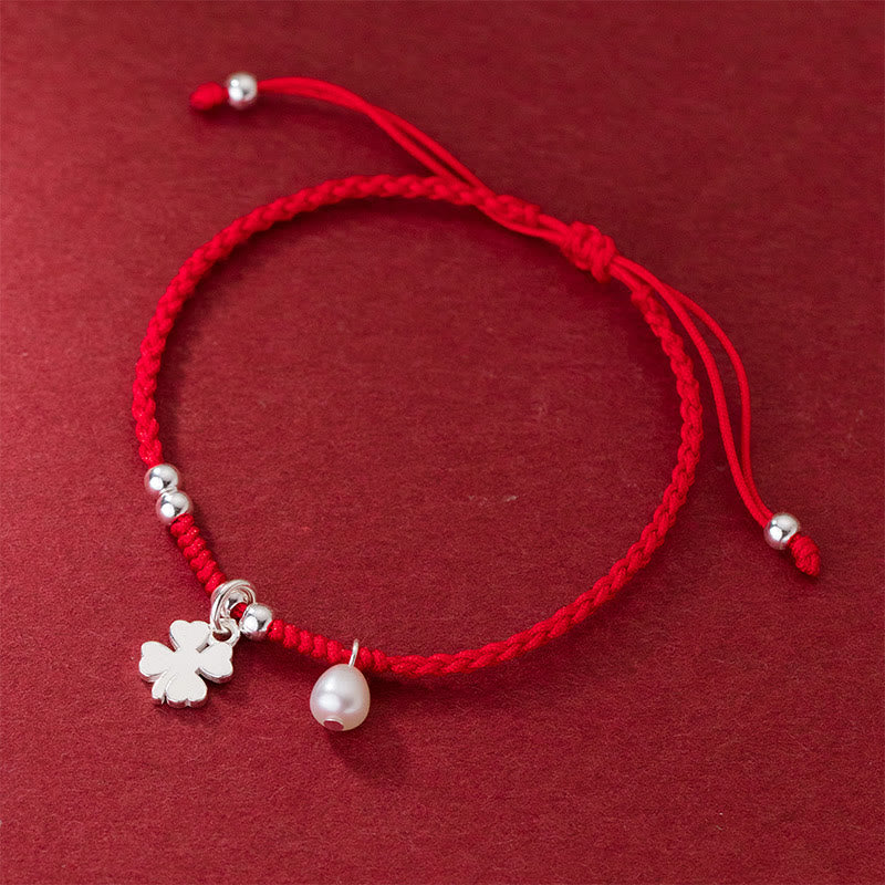 Buddha Stonesレトロ 925 スターリングシルバー 四つ葉のクローバー パール 幸運の赤紐ブレスレット - image 2