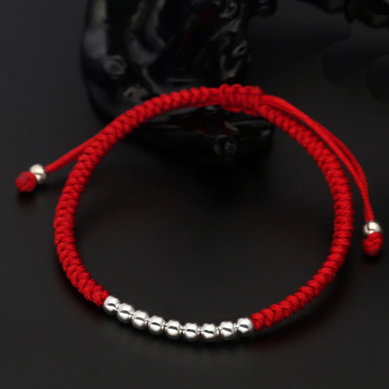 Buddha Stonesレトロ 925 スターリングシルバー シンプルビーズ ノットデザイン 幸運の紐ブレスレット - 925スターリングシルバー（手首周り：15～22cm） - 赤 - image 1