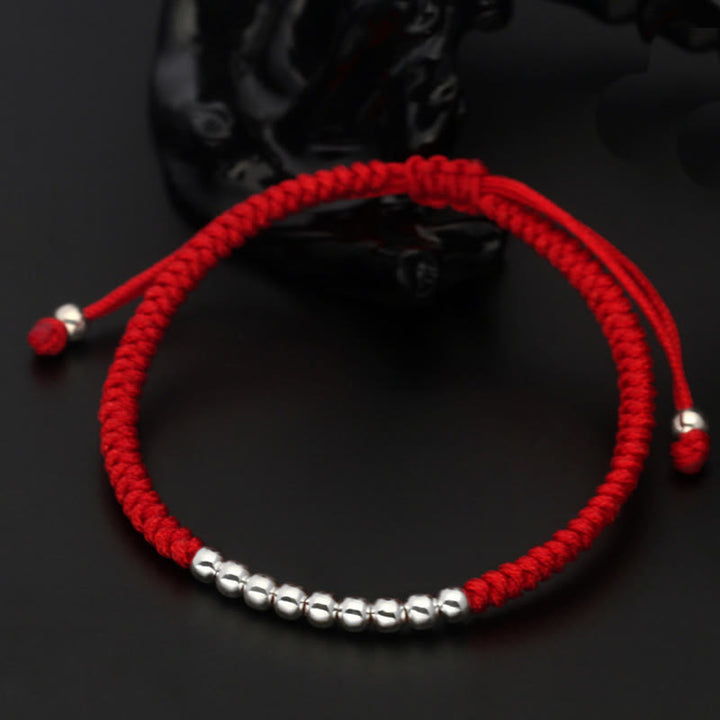 Buddha Stonesレトロ 925 スターリングシルバー シンプルビーズ ノットデザイン 幸運の紐ブレスレット - 925スターリングシルバー（手首周り：15～22cm） - 赤 - image 1