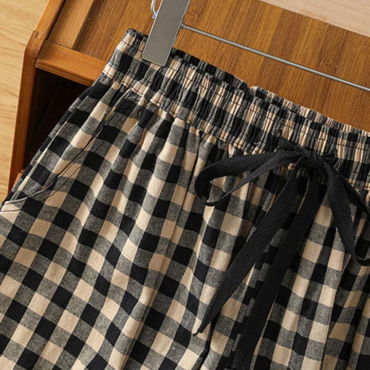 Buddha Stonesカジュアルコットンステッチグリッドレディース7-8丈ワイドレッグパンツ（ポケット付き） - image 7