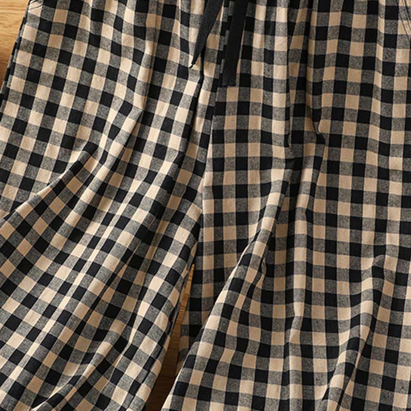 Buddha Stonesカジュアルコットンステッチグリッドレディース7-8丈ワイドレッグパンツ（ポケット付き） - image 4