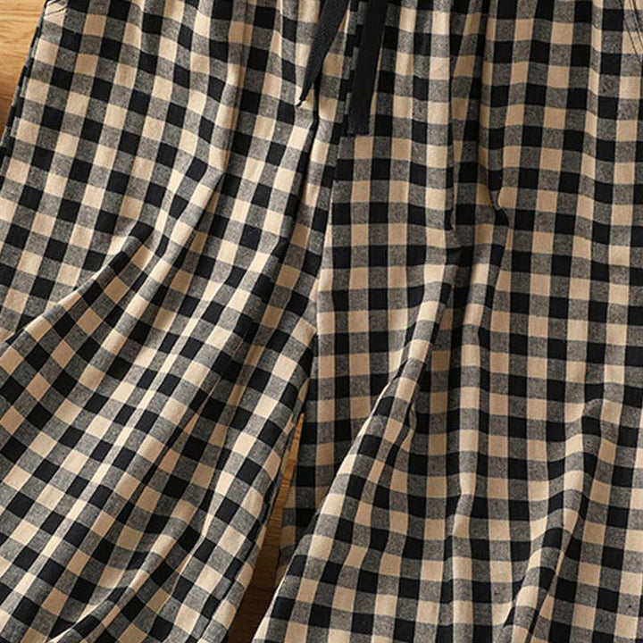 Buddha Stonesカジュアルコットンステッチグリッドレディース7-8丈ワイドレッグパンツ（ポケット付き） - image 4