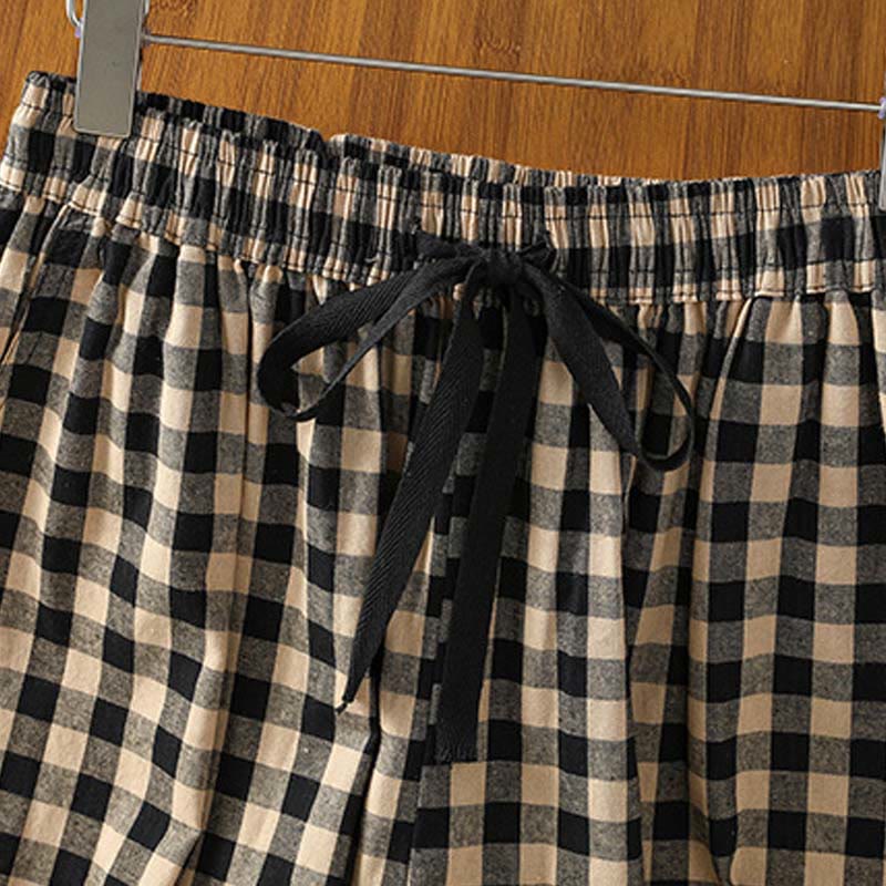 Buddha Stonesカジュアルコットンステッチグリッドレディース7-8丈ワイドレッグパンツ（ポケット付き） - image 3