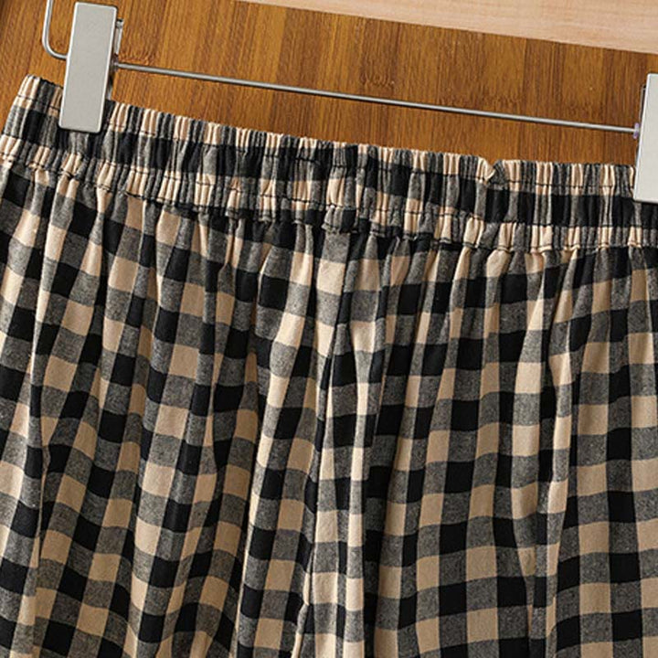 Buddha Stonesカジュアルコットンステッチグリッドレディース7-8丈ワイドレッグパンツ（ポケット付き） - image 4