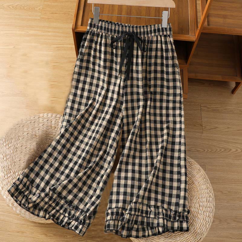 Buddha Stonesカジュアルコットンステッチグリッドレディース7-8丈ワイドレッグパンツ（ポケット付き） - image 2