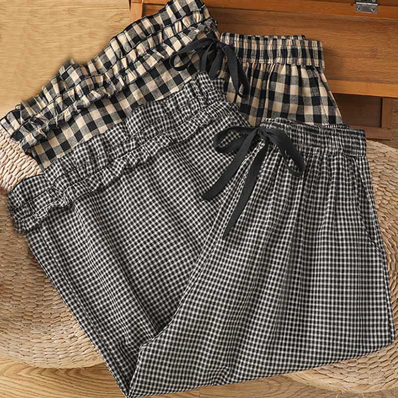 Buddha Stonesカジュアルコットンステッチグリッドレディース7-8丈ワイドレッグパンツ（ポケット付き） - image 16