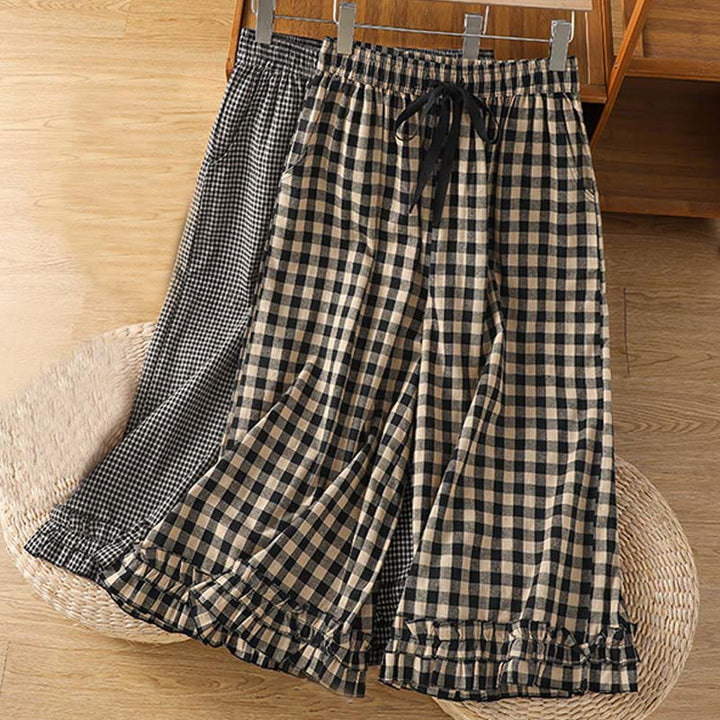 Buddha Stonesカジュアルコットンステッチグリッドレディース7-8丈ワイドレッグパンツ（ポケット付き） - image 16